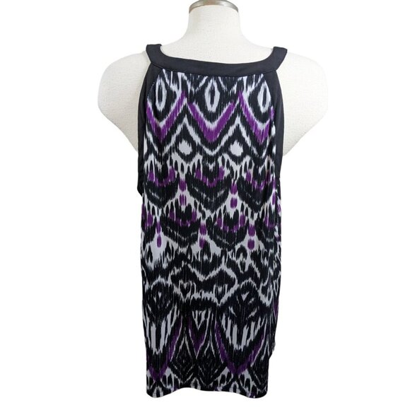 Womens Plus XXL Top Ikat Cut Out Tunic Sleeveless Blouse High Neck Purple Black - Picture 2 of 5